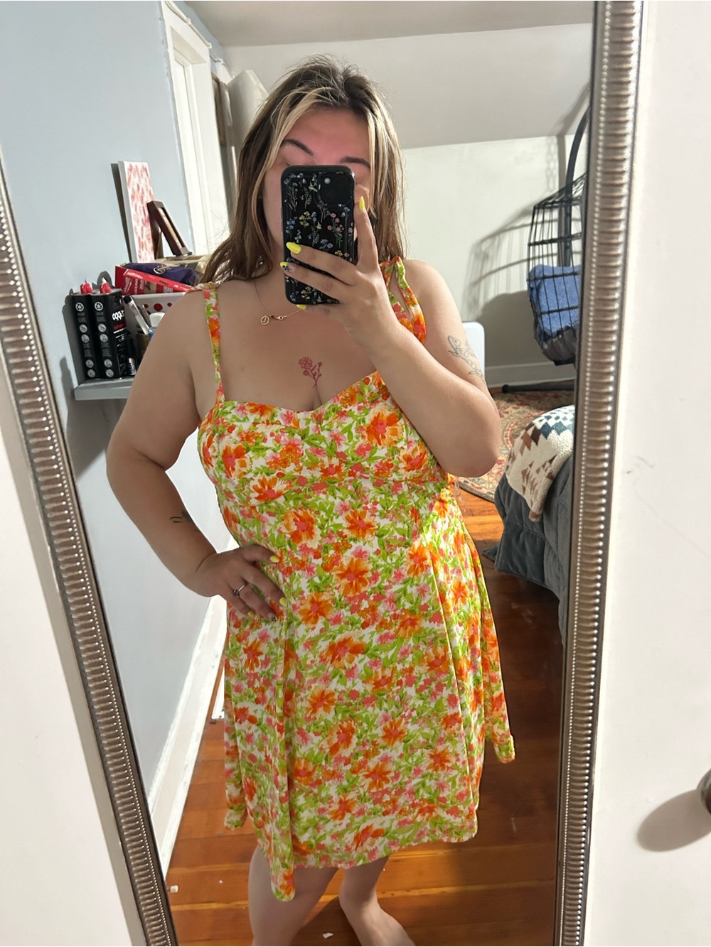 Floral Spaghetti-Strap Sundress in Orange & Green